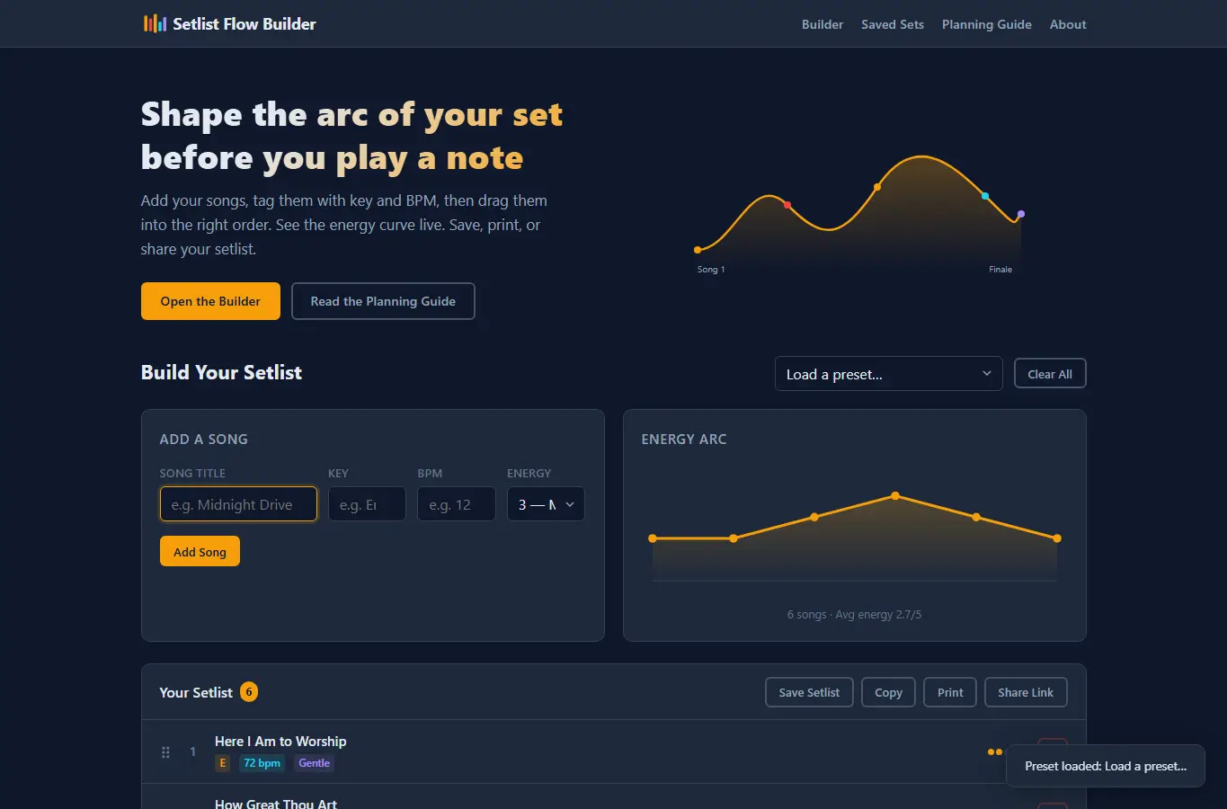 Screenshot of Setlist Flow Builder interface showing the project page in use